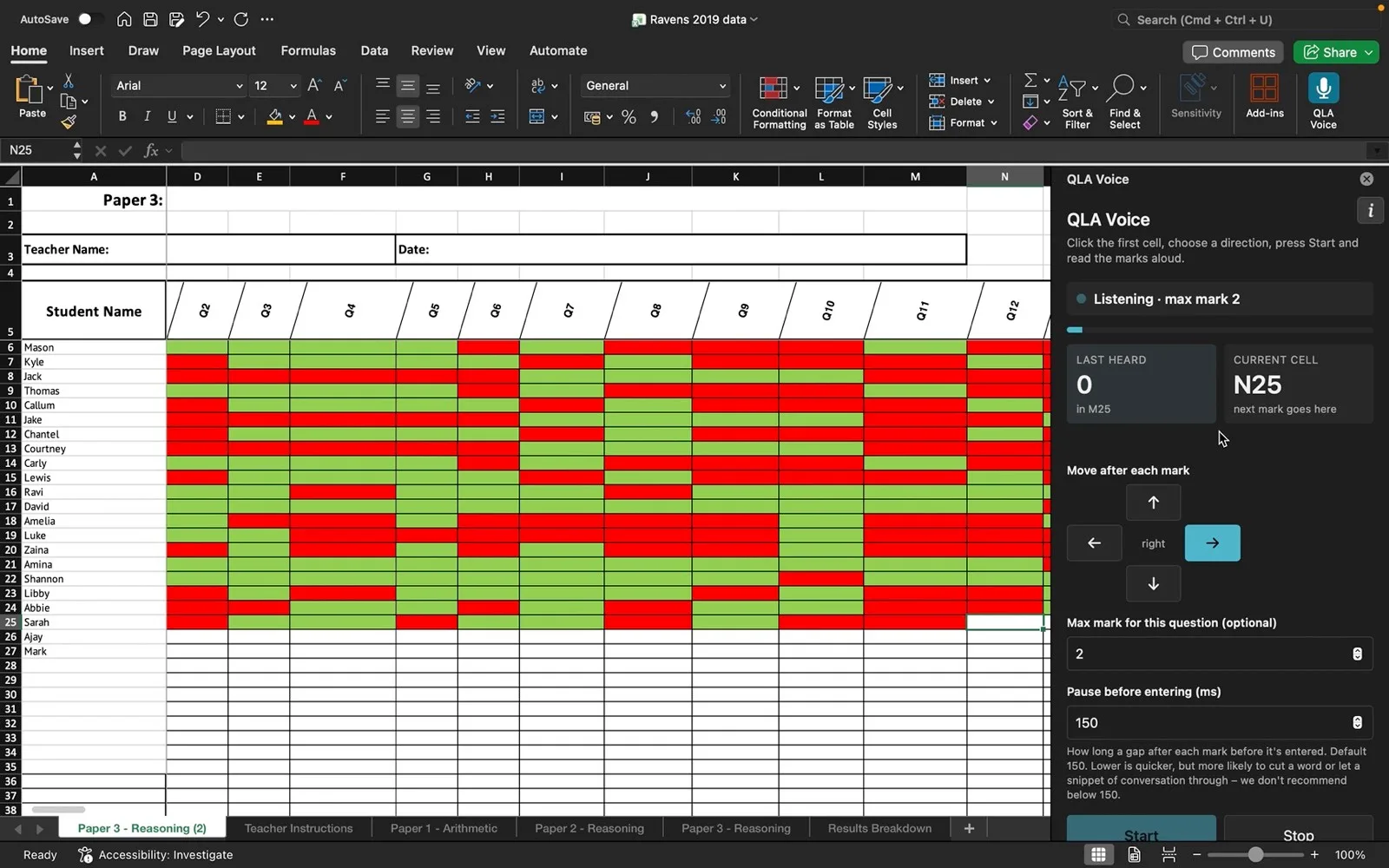 QLA Voice in Excel: a row of marks entered along row 25, and the task pane on the right showing Listening, max mark 2, last heard 0 and current cell N25.